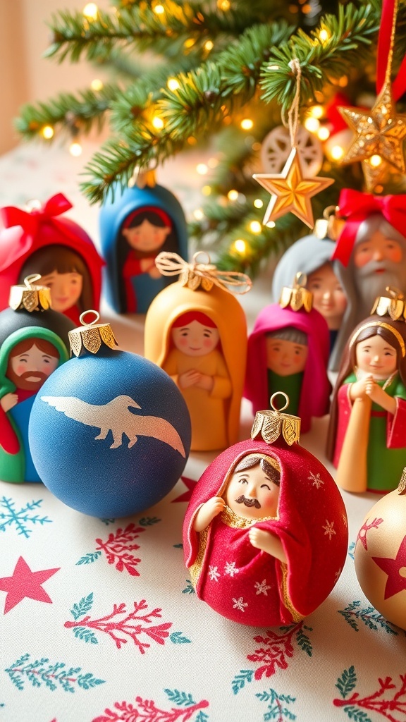 Colorful homemade Christmas ornaments depicting Jesus and nativity scenes on a festive table.